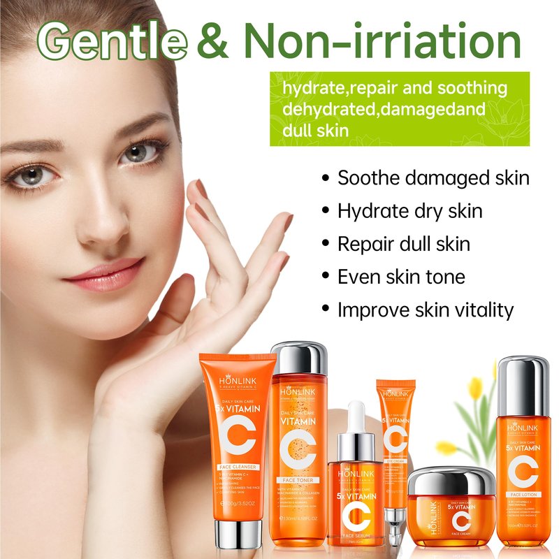 Glown 6-Piece Hydrating Skincare Set with Vitamin C & Niacinamide | Face & Body Care Kit with Cleanser, Toner, Serum, Moisturizer, Eye Cream & Body Lotion | Self-Care Gift Set for Women