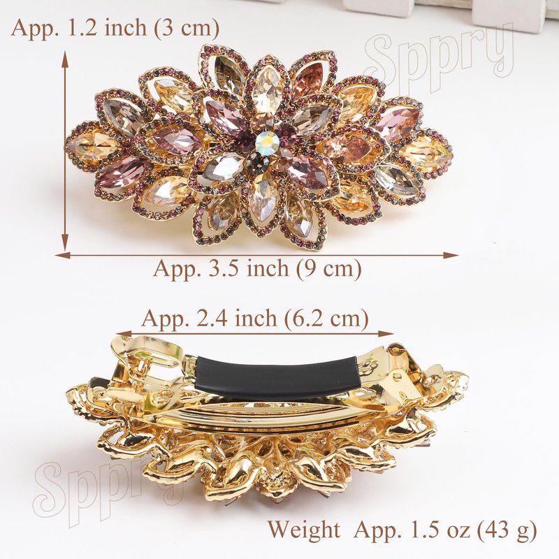 Sppry Luxury Gold-plated Rhinestone Hair Barrette for Women, Large Flower Jewelry Design (Navy)