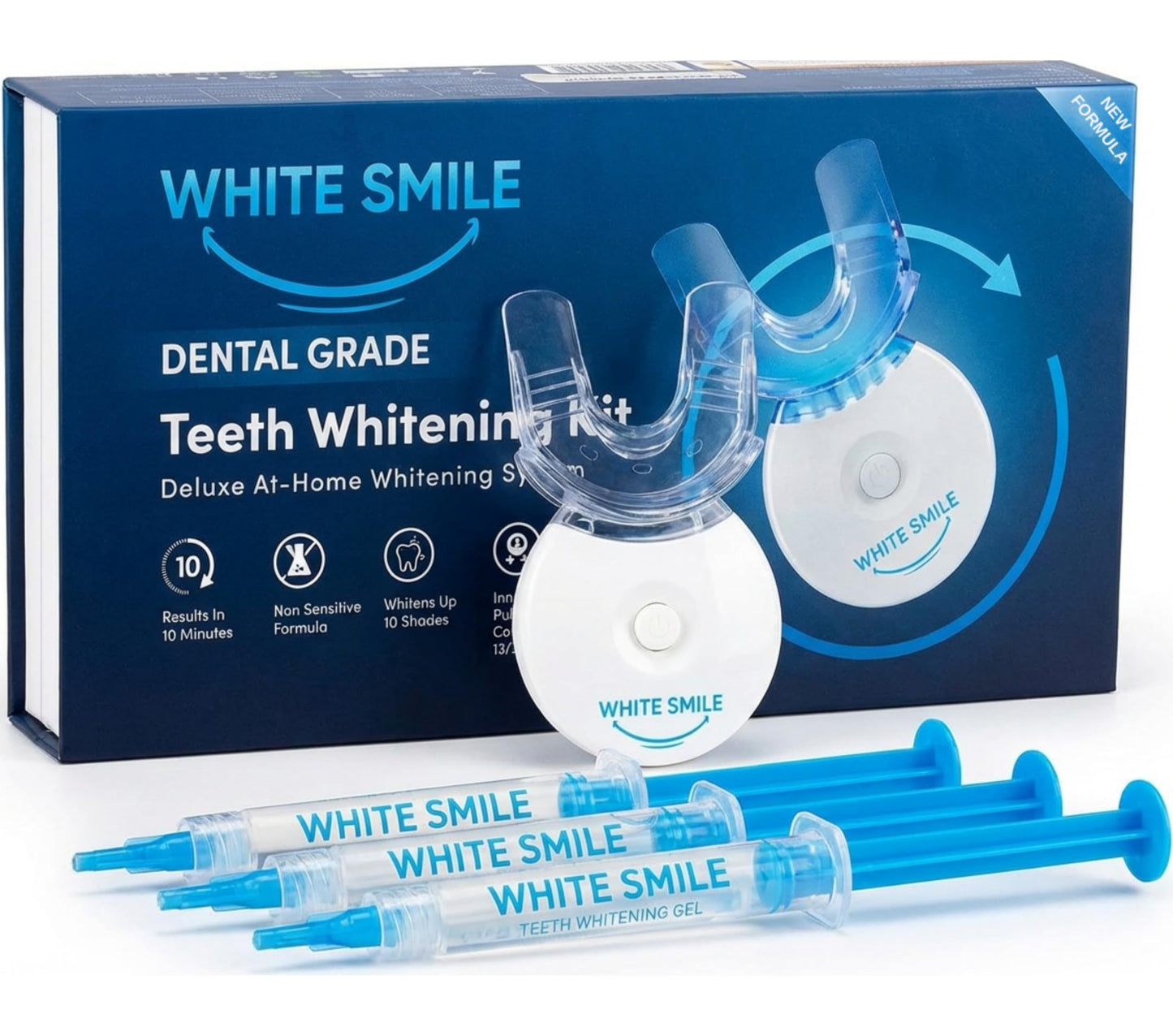 White Smile Teeth Whitening Kit with LED Light System, 35% Carbamide Peroxide, 3 Gel Syringes, Mouth Tray, 10-Minute Treatment, Non-Sensitive Formula, Stain Removal, Whitens up to 10 Shades in 7 Days