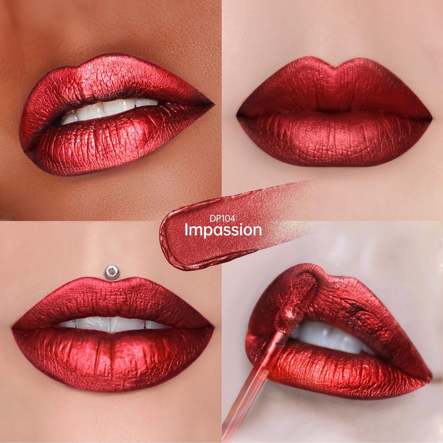 Depuplum Dark Red Lipsticks for Women Metallic Lipstick Long Lasting Shimmer Lip Gloss Metal Shine Glitter Waterproof Lipsticks Full Coverage Lip Color for Mother's Day,DP104 Impassion