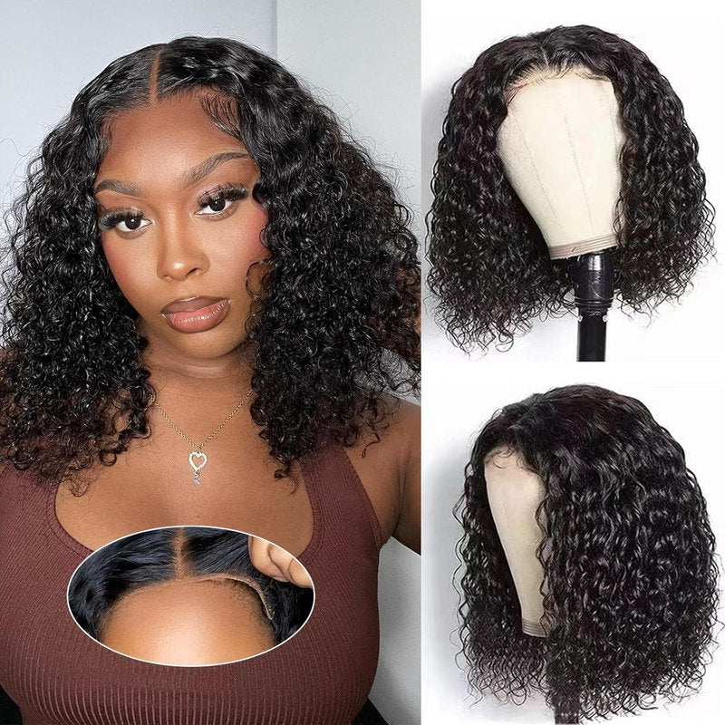 Glueless Human Hair Bob Wig - Pre Plucked Deep Wave Curly 12 Inch | 180% Density Lace Closure for Women