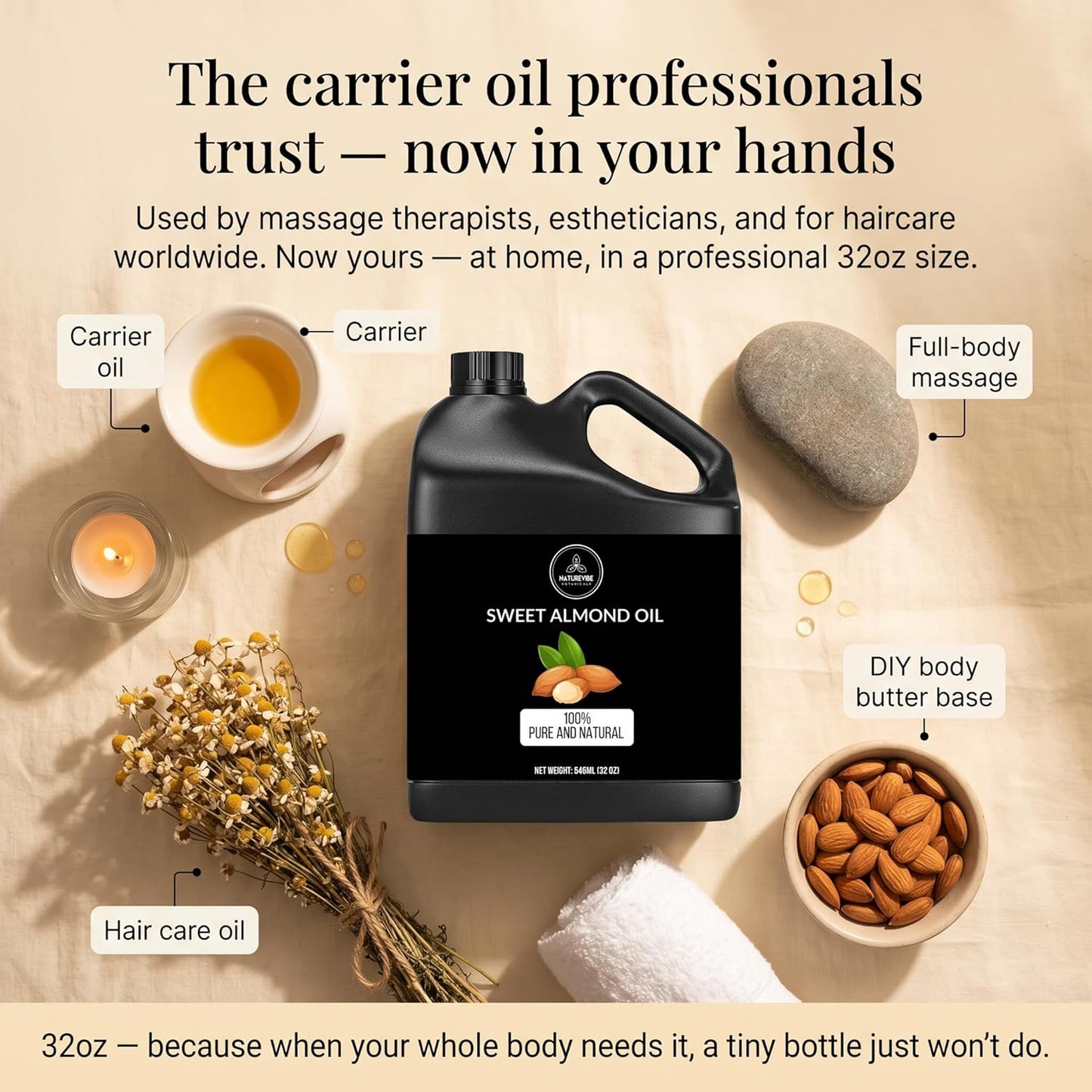 Sweet Almond Oil 32 Ounces - 100% Pure Cold Pressed Carrier Oil for Skin & Hair Care