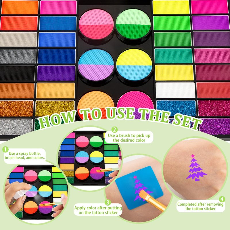 Face Painting Kit – 44 Color Face painting Makeup Kit, Non-toxic Water Activated paint palette with Palette,Stencils, Brushes, Gems, Puff, for Kids Party Cosplay Halloween Christmas Carnival.