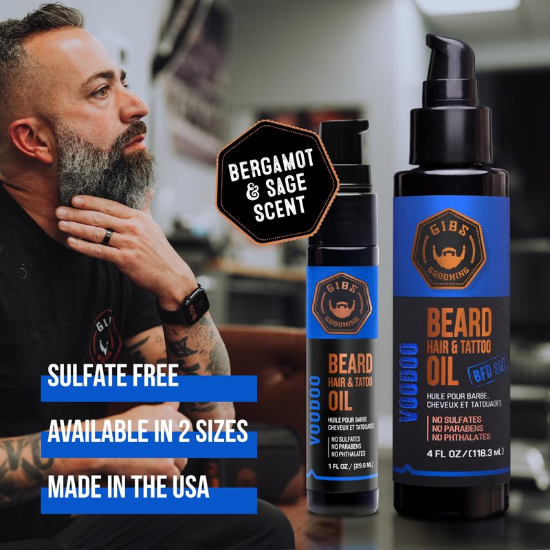 GIBS Grooming - Voodoo Prince Beard, Hair & Tattoo Oil (4 fl oz) - Softens, Strengthens, Protects - Skin Moisturizer - Vitamin C - UV Shield - BFD Size - Beard Oil, Hair Care, Skin Care - Made in USA