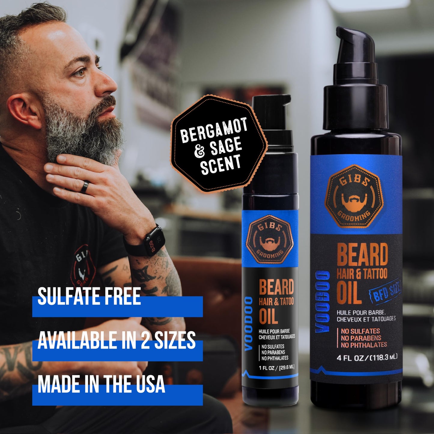 GIBS Grooming - Voodoo Prince Beard, Hair & Tattoo Oil (1 fl oz) - Softens, Strengthens, Protects - Skin Moisturizer - Vitamin C, UV Shield, Travel Safe - Beard Oil, Hair Care, Skin Care - Made in USA