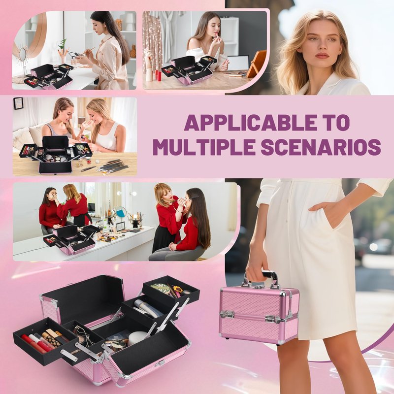 HAISKY Makeup Train Case Cosmetic Organizer Case Makeup Box Portable Make Up Artist Travel Case with 4 Trays Dividers Lockable Hard Train Case Nail Tech Supply Storage - Crystal Pink