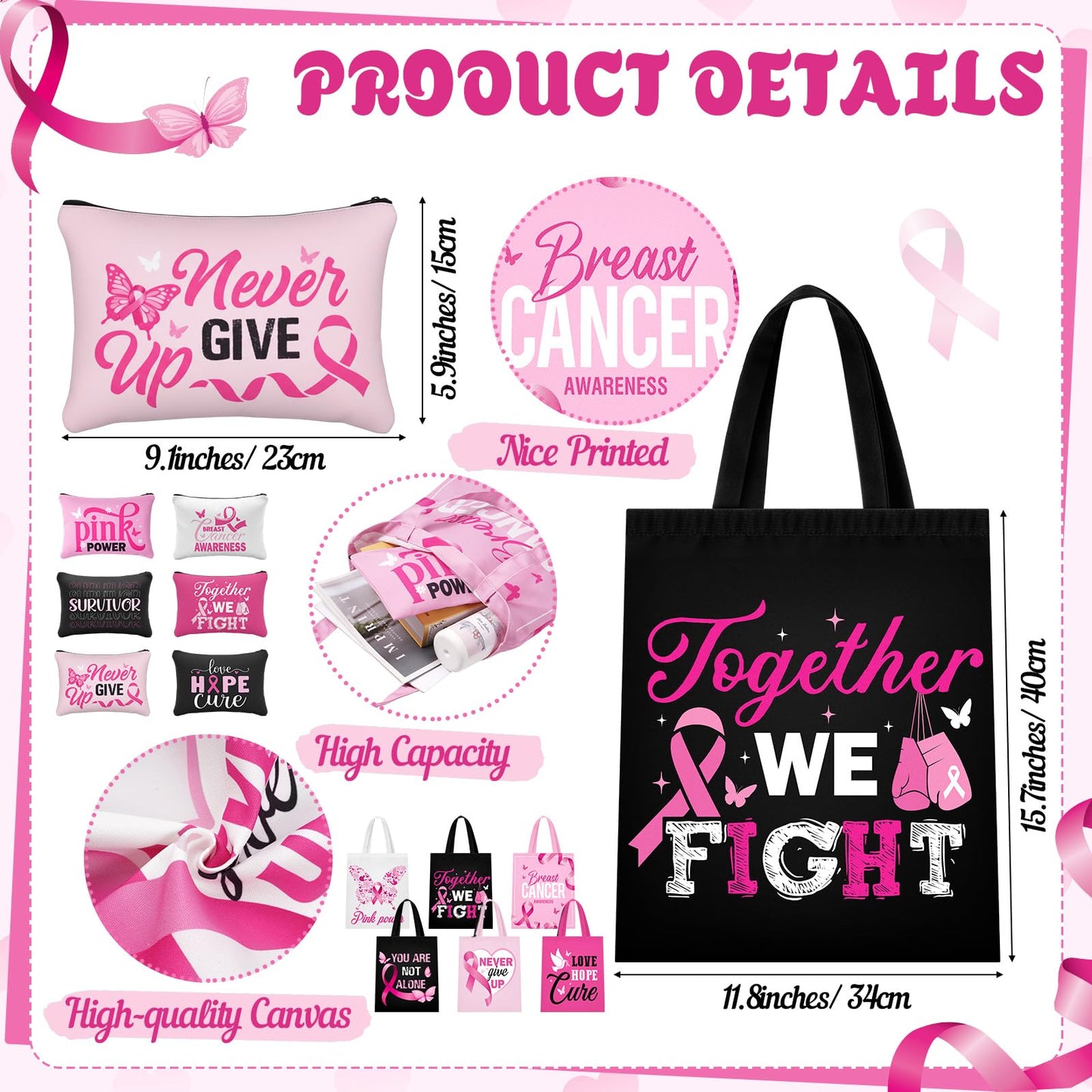 Blosssound 12 Pcs Gift for Women Canvas Tote Bag Cosmetic Makeup Bag(Breast Cancer)