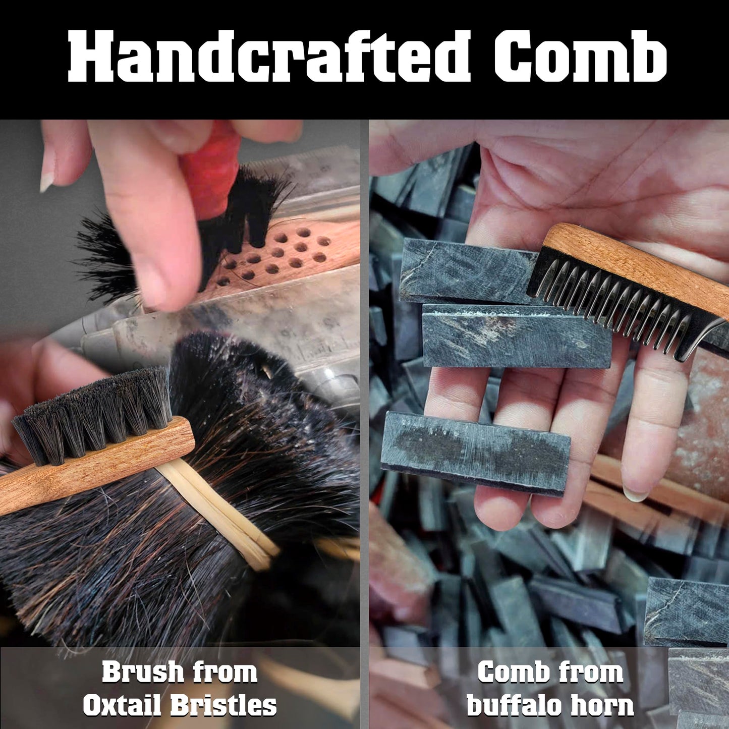 Vtuna 2-in-1 Beard Comb & Brush - Mustache & Beard Comb for Men. Handcrafted from Solid Wood, Buffalo Horn, and Cow Tail Hair. Comes in a Box, Perfect for Gifting.