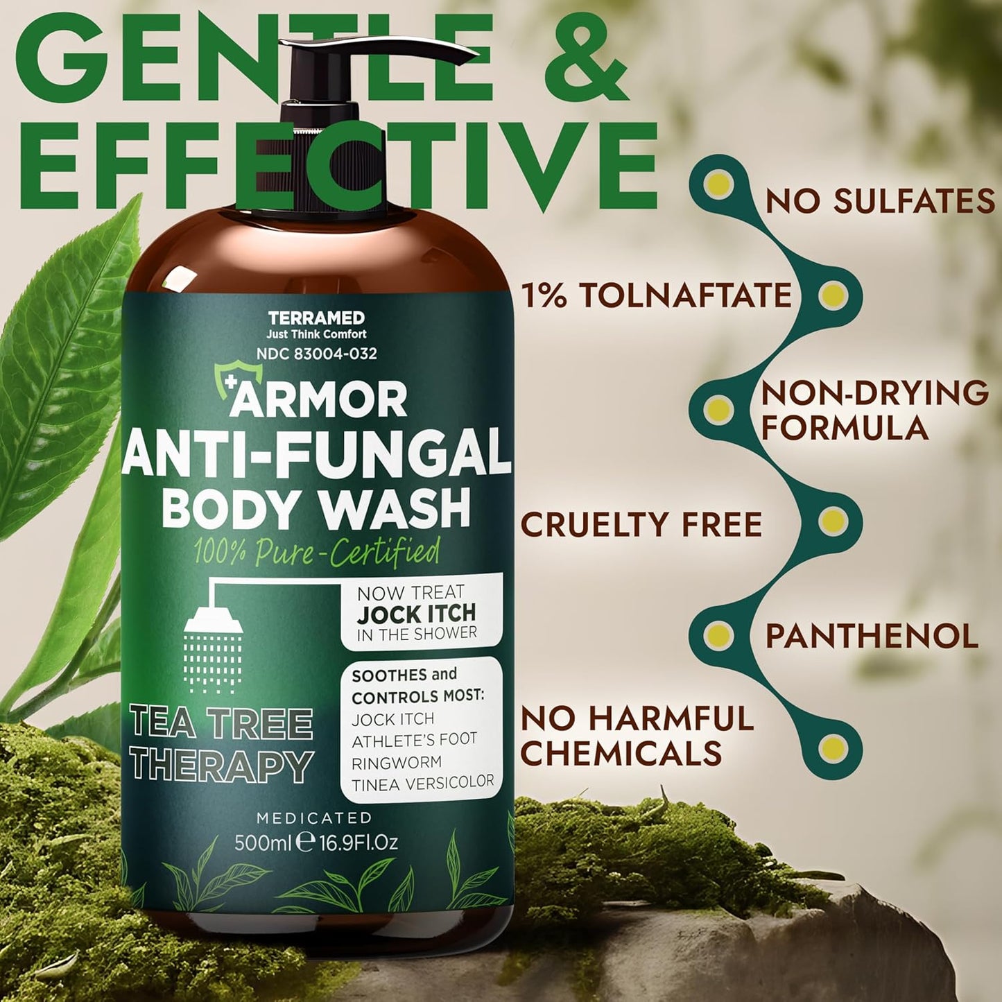 Antifungal Body Wash with Tea Tree Oil - Treat Back Acne, Ringworm & Eczema | Includes Silicone Scrubber (16.9 oz)