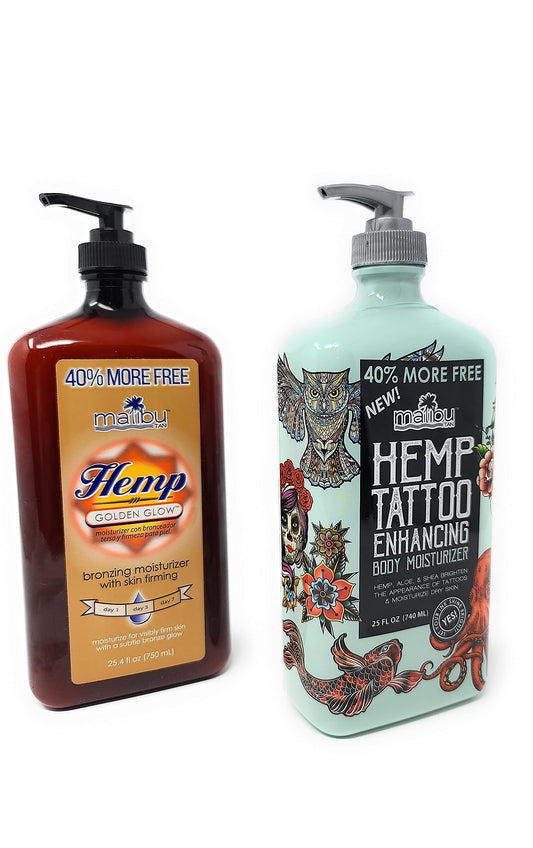 Bundle Of Malibu Moisturizer 40% More Free: Malibu Hemp Tattoo Enhancing Body Moisturizer 25 FL OZ & Malibu Hemp Golden Glow 25.4 FL OZ