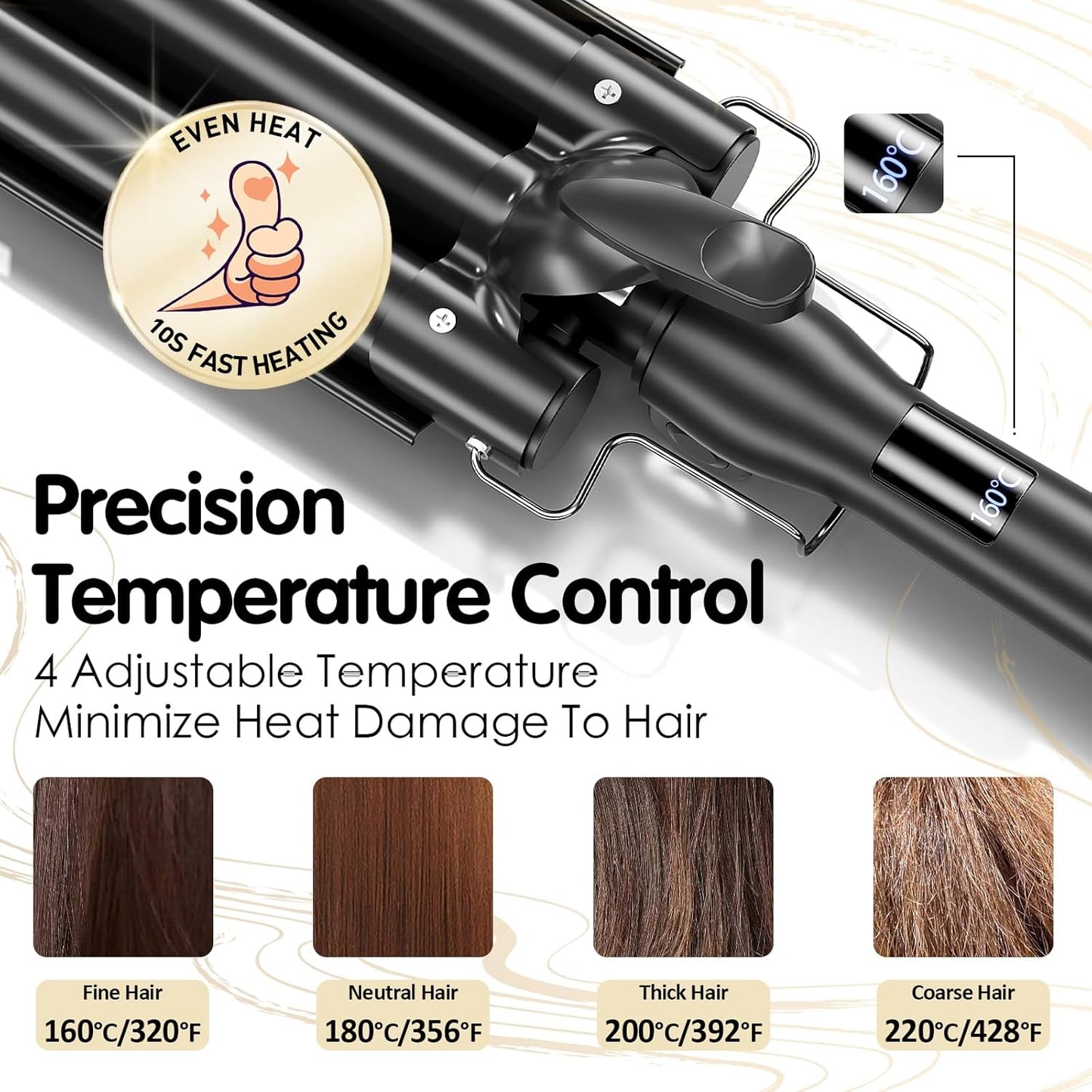 3 Barrel Beach Wave Curling Iron - 1 Inch Hair Crimper with Adjustable Temperature & Quick Heat-Up | Foldable Design