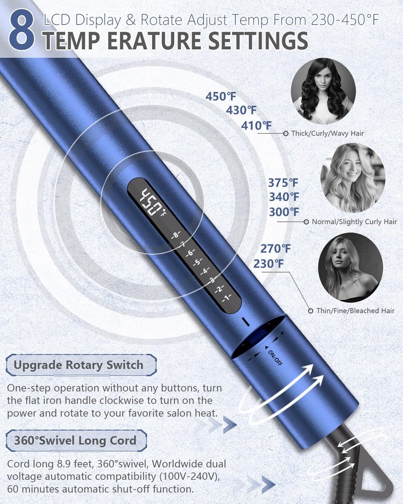 KUSNCA Professional Titanium Flat Iron, Hair Straightener and Curler Iron 2 in 1, Negative Ion Straightening, Dual Voltage Travel Pack, Front Anti-Scald Function, LCD 230°F-450°F, 1 Inch (Blue)