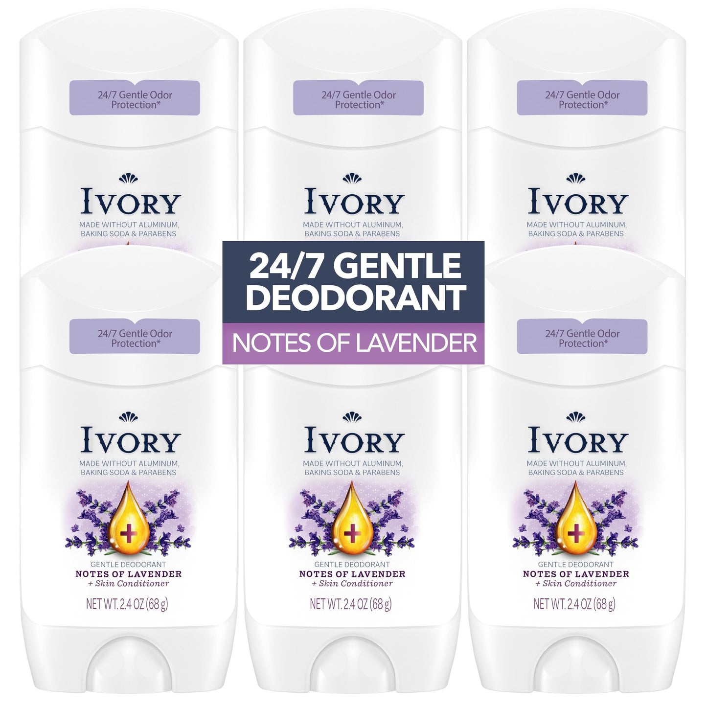 Ivory Gentle Deodorant Notes of Lavender, 24hr Gentle Deodorant, Dermatologist Tested, Baking Soda Free, Paraben Free, 2.4oz (Pack of 6)