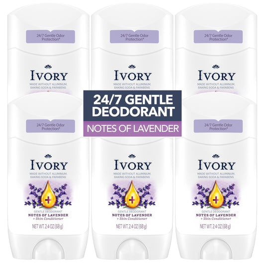 Ivory Gentle Deodorant Notes of Lavender, 24hr Gentle Deodorant, Dermatologist Tested, Baking Soda Free, Paraben Free, 2.4oz (Pack of 6)