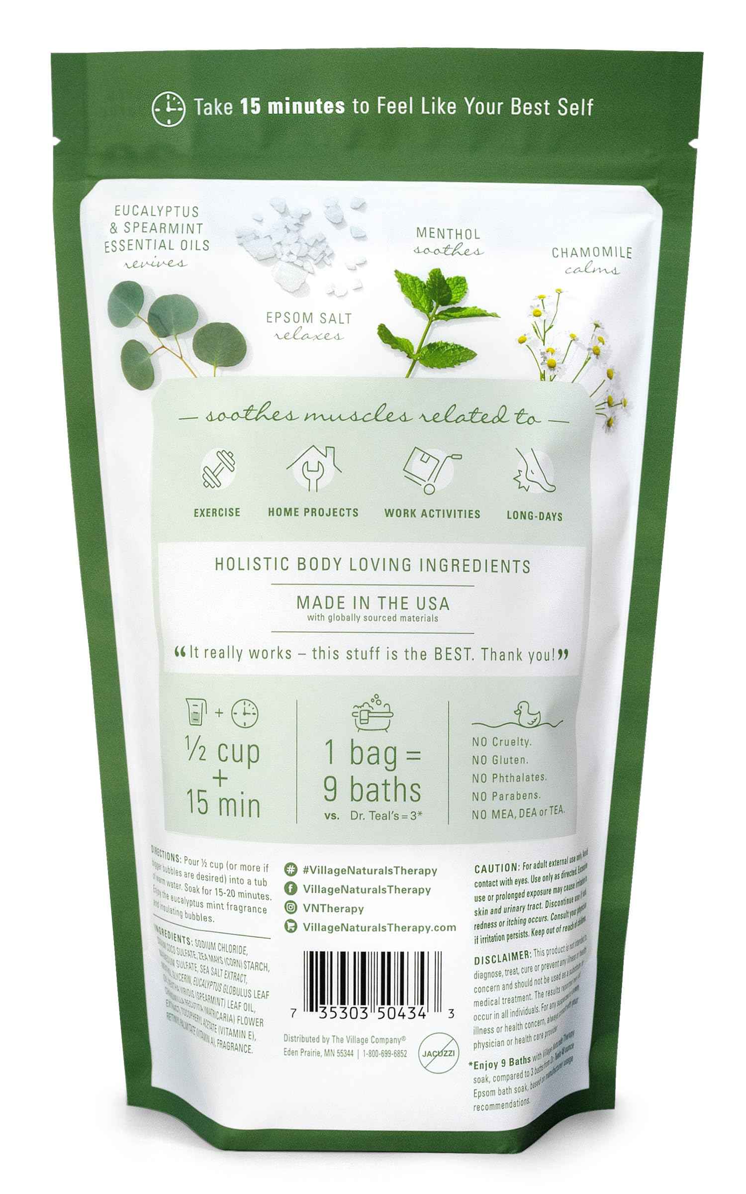 Village Naturals Therapy Muscle Foaming Epsom Soak, Eucalyptus Mint Scent, 36 oz, Pack of 2