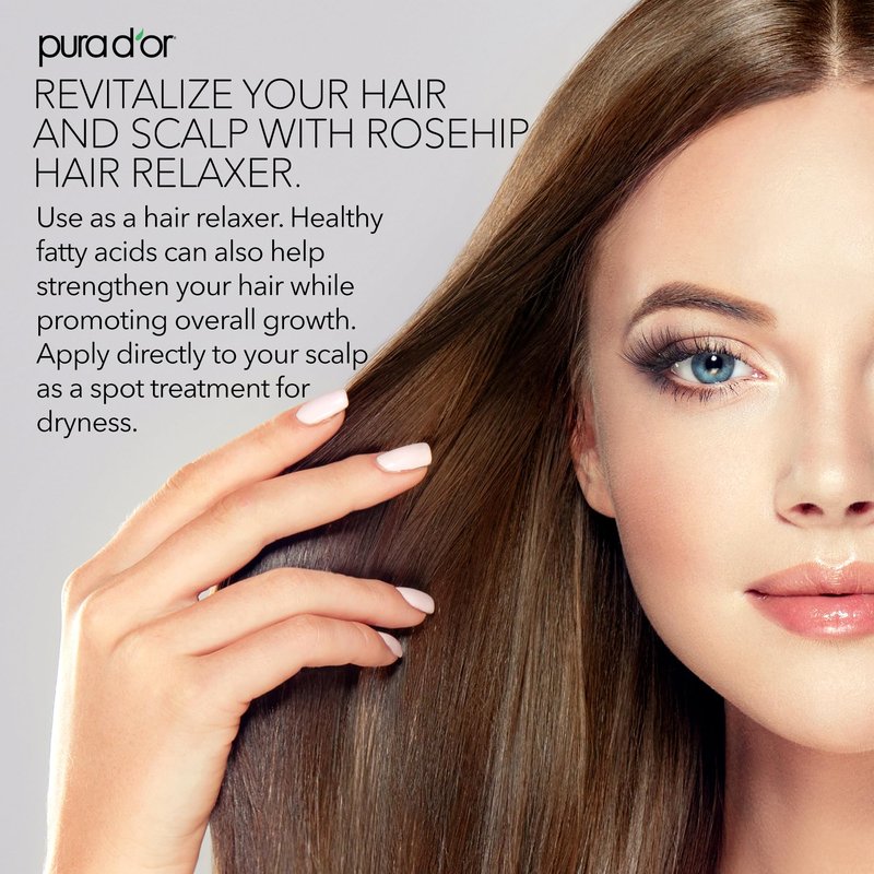 PURA D'OR ORGANIC Rosehip Seed Oil Hair Relaxer (4 Oz x2 = 8 Oz) 100% Pure Cold Pressed USDA Certified All Natural Anti-Aging, Scar Treatment, Gua Sha Massage, Face, Hair & Skin - Women & Men