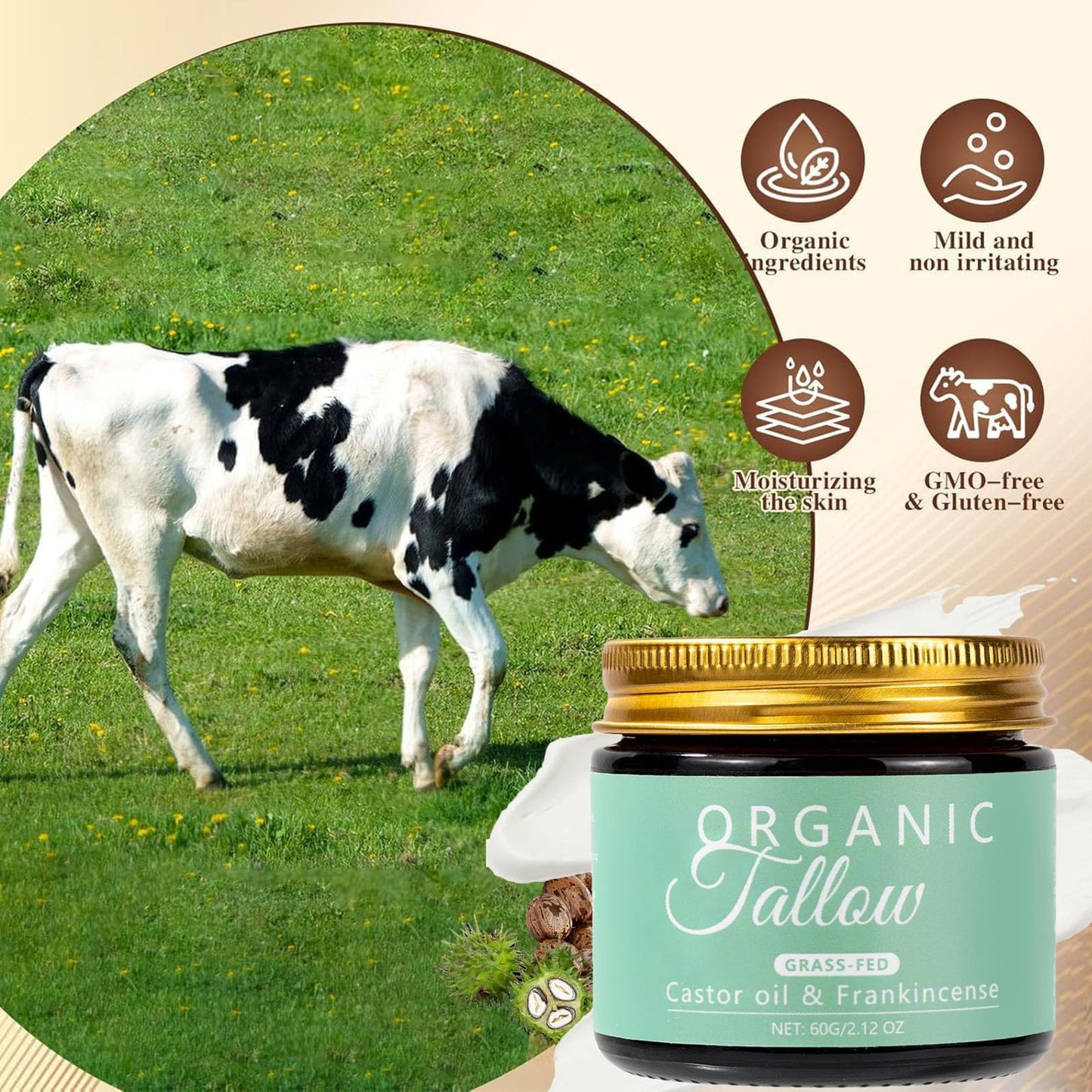 Vbolre Grass Fed Beef Tallow with Frankincense Oil and Castor Oil, Organic Grass Fed Beef Tallow for Skin, Whipped Beef Tallow Frankincense Oil Castor Oil for Skin Face Body Moisturizer (1)