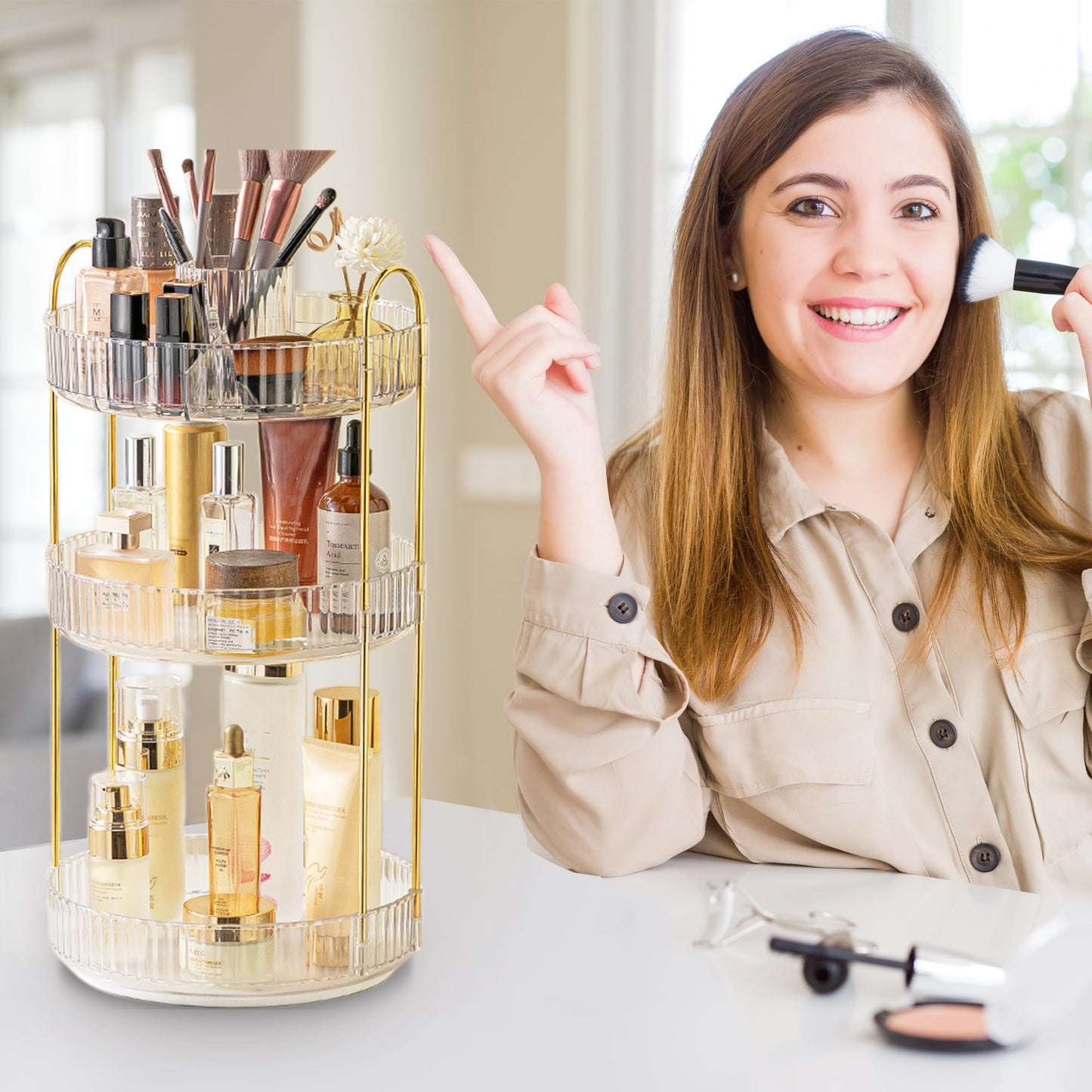Aveniee 360° Rotating Makeup Organizer for Vanity, Perfume Skincare Bathroom Countertop Organizers, 3 Tier Spinning Skincare Storage with Brush Holder for Lipstick Cosmetic Lotion,White