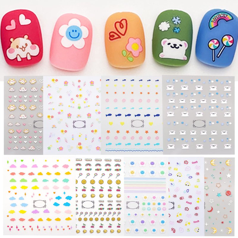 New 12 Large Sheets of Cute Nail Stickers for Women and Teen Girls Self Adhesive Nail Decals for Nail Art Decoration Including Hearts Stars Letters Bowknot Leaves Flowers Plants Fruits Butterflies