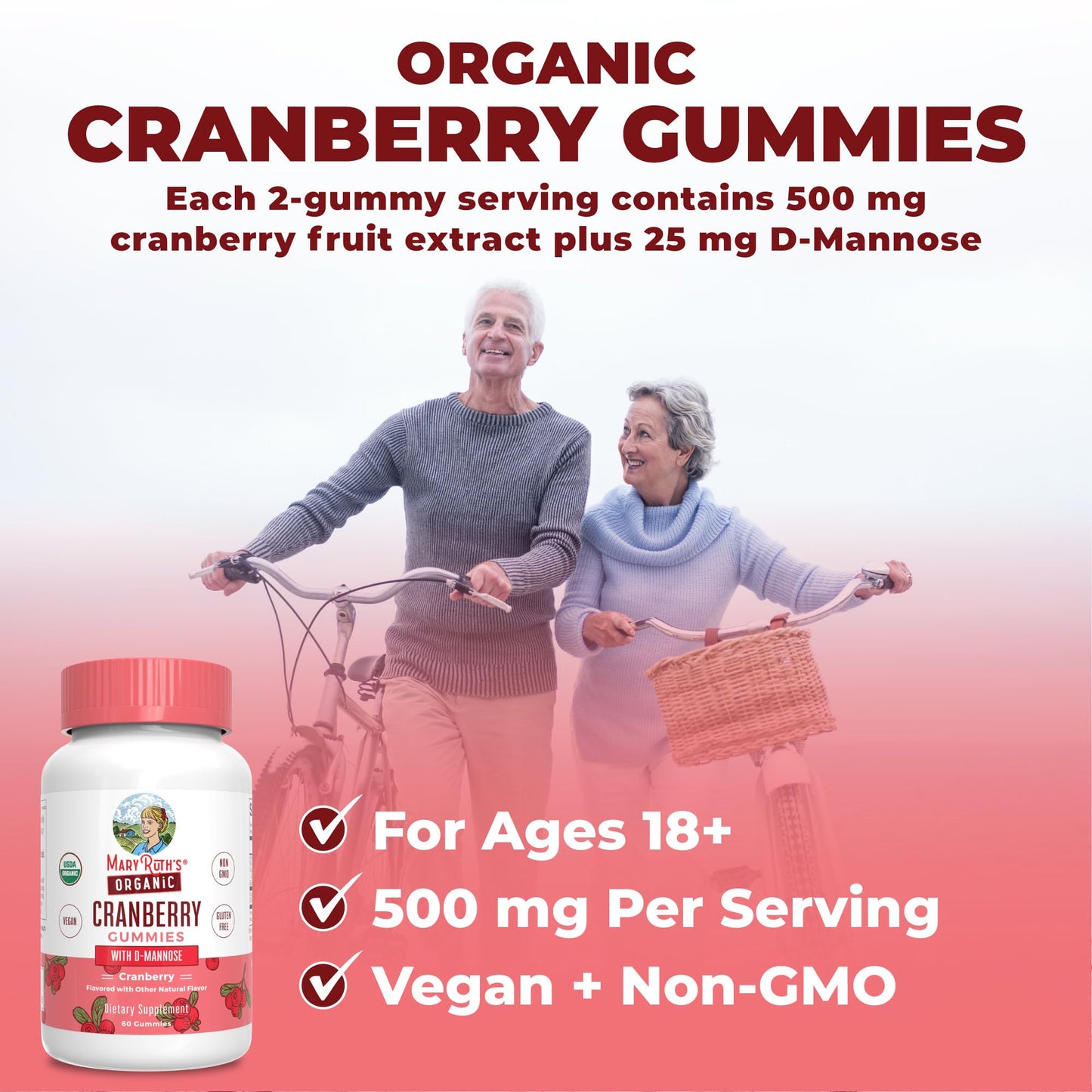MARYRUTH'S Organics Organic Cranberry Gummies - 500mg Supplement | Urinary Tract Health for Women | with D Mannose | Traditional Use | USDA Organic | Vegan | Non GMO | 30 Servings