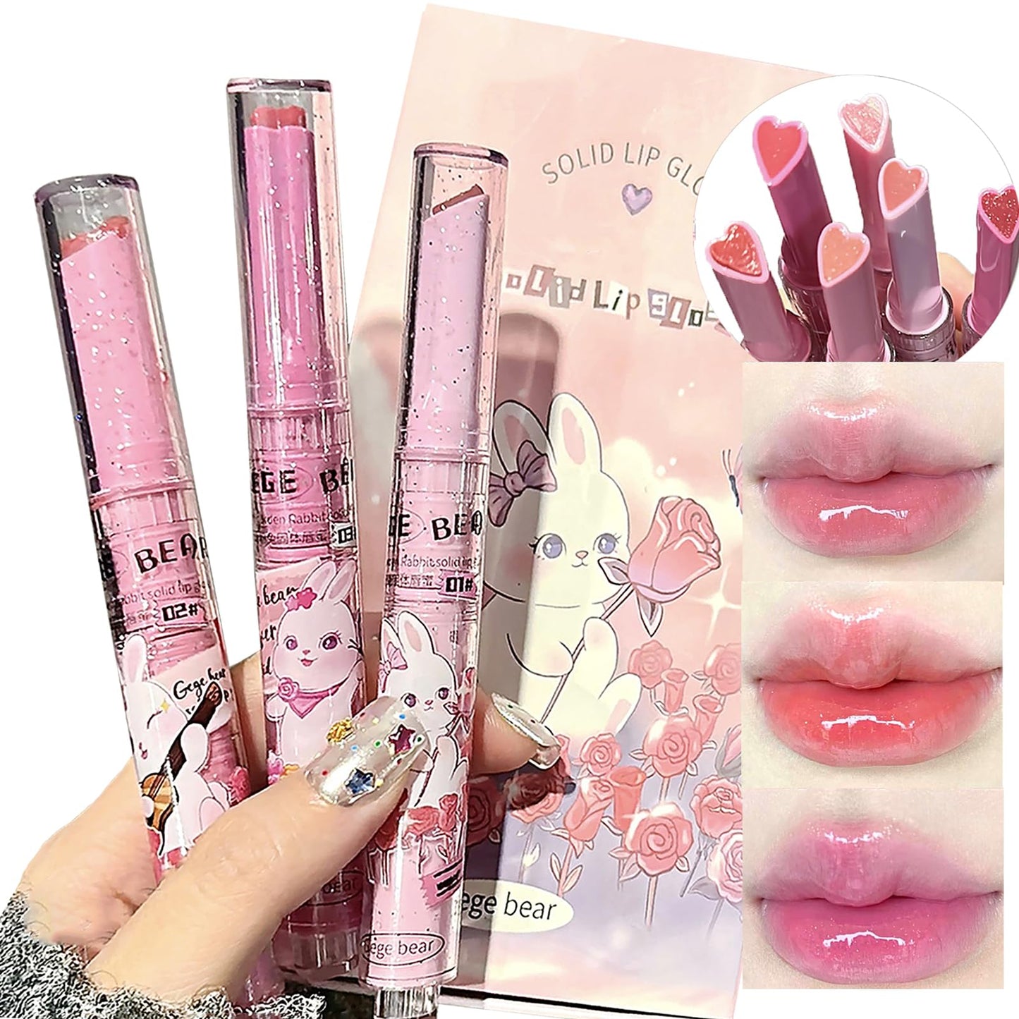 LuckNest 3 Colors Jelly Lipstick Gift Set, Tinted Heart Shape Lip Stain Lip Gloss, Mirror Hydrating Jelly Love Lipstick, Moisturizing Tinted Lip Balm, Vivid Color Glossy Lip Makeup for Girls (A)