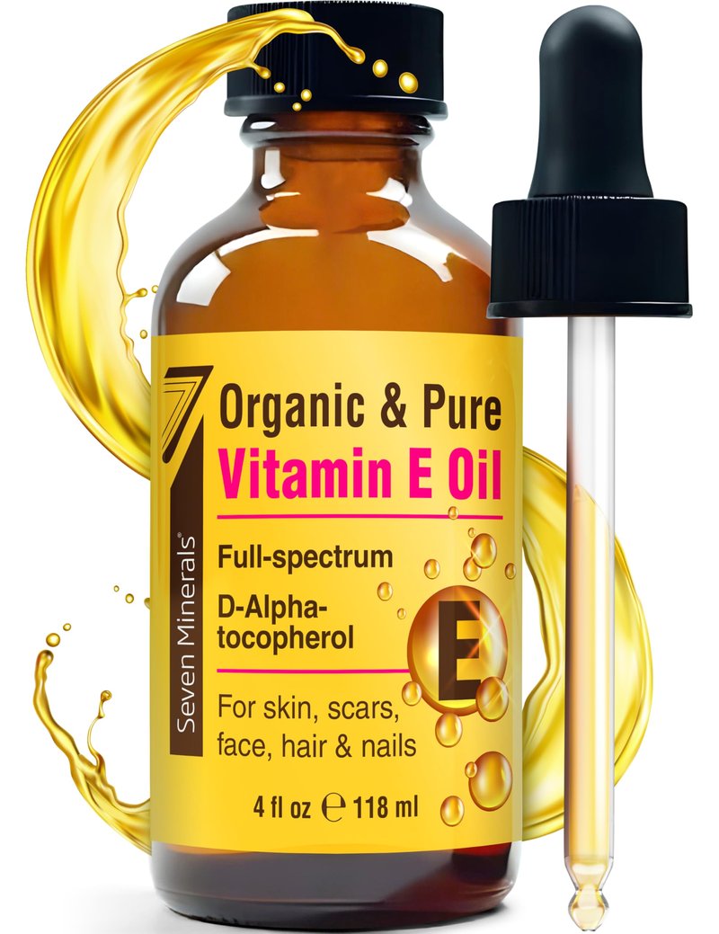 Seven Minerals Ultra Pure Vitamin E Oil - Full-Spectrum D-Alpha Tocopherol per 4 Oz Bottle - 100% Organic Vitamin E Oil for Skin, Face, Hair and Scars - Naturally Occurring=Not Synthetic.