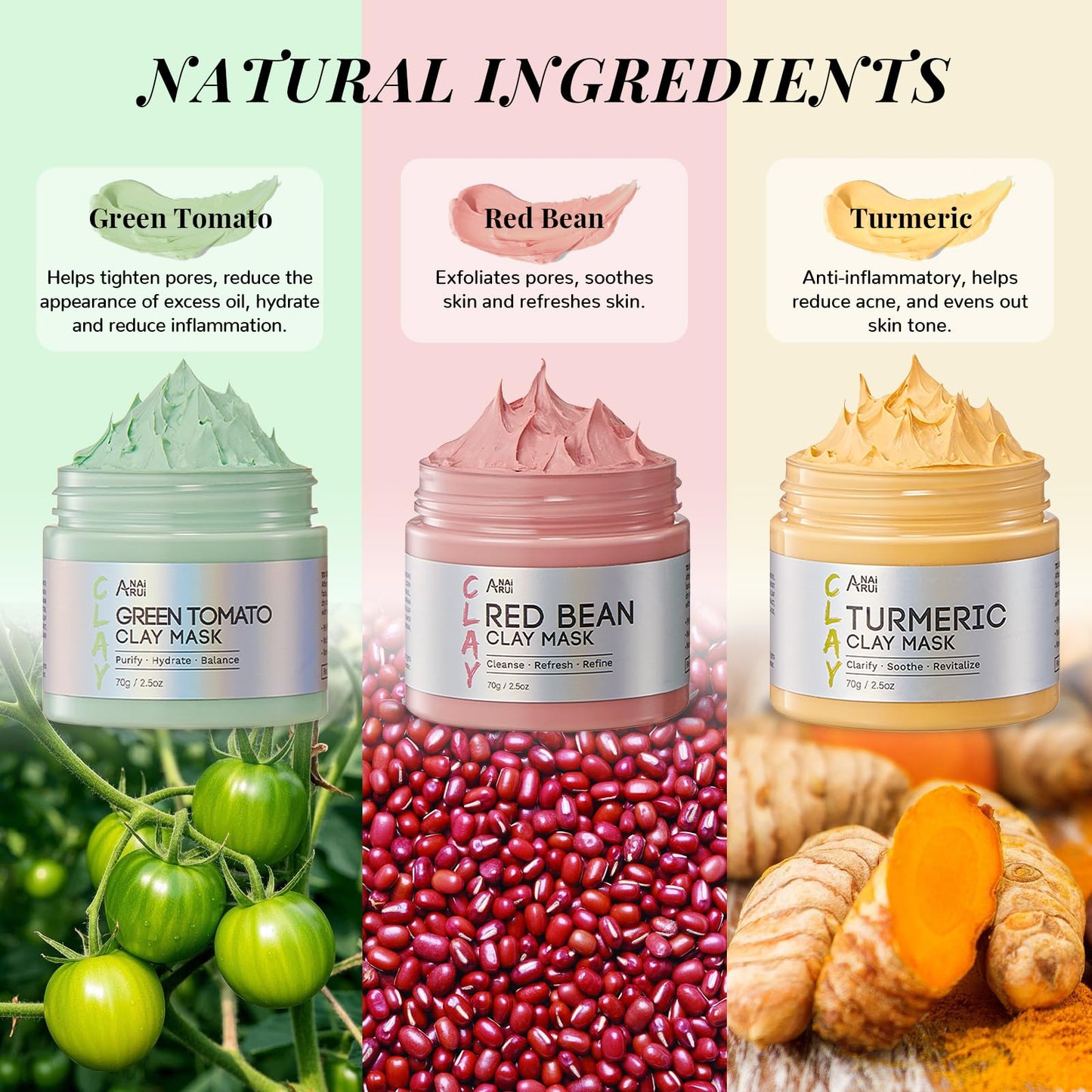 ANAI RUI 3 Pcs Pore Cleansing Face Mask Set Green Tomato Clay Mask - Turmeric Vitamin C Facial Mask Red Bean Refreshing Pore Mask, Relaxing Spa Gift Set Self Care for Women/Teens Girls 2.5 oz each