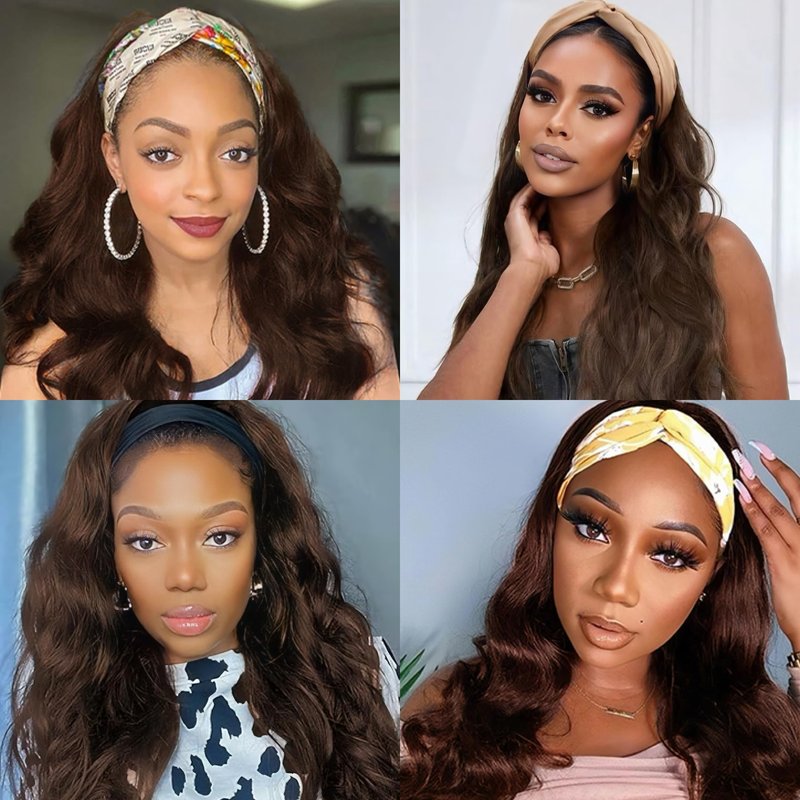 Head Band Wigs Human Hair Chocolate Brown Glueless 100% Human Hair None Lace Front Wig Virgin #4 Colored Headband Wig Human Hair 180 Density 12inch