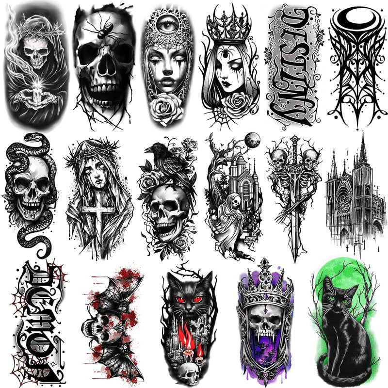 Gothic Temporary Tattoos - 77 Sheets of Waterproof Spider Skull Designs | Realistic Horror Makeup for Adults & Teens