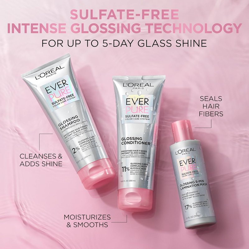 L'Oreal Paris Glossing Shampoo & Conditioner Set | Sulfate-Free with Glycolic Acid for Dull, Dry Hair - 1 Kit