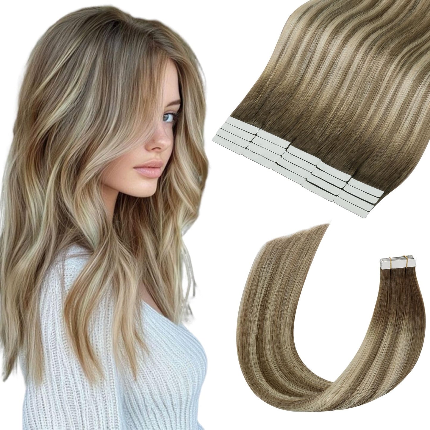 MEI YUAN LIN Tape in Hair Extensions Human Hair 12Inch Brown Balayage Light Brown Highlight Blonde Hair Extensions Real Human Hair 20Pcs 30G PU weft