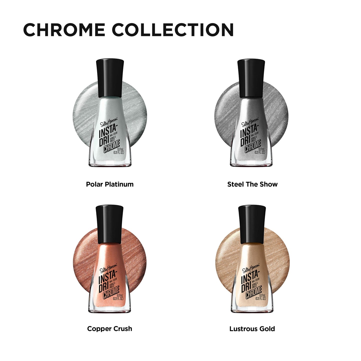 Sally Hansen Insta-Dri Nail Polish Chrome Top Coat | Quick Dry, Long Lasting, Streak-Free Shine, Opaque | Steel the Show | Metallic Silver Nail Polish