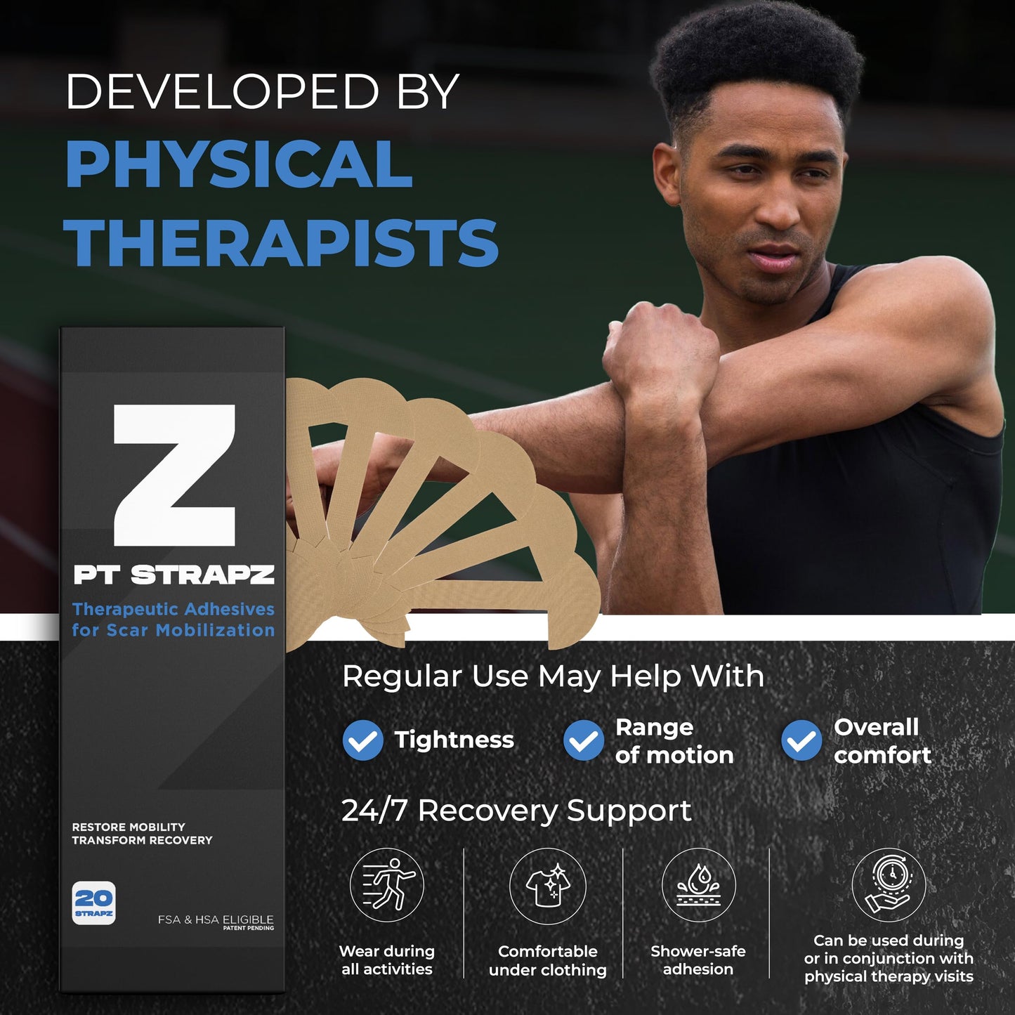 PT StrapZ Non-Elastic, Therapeutic Adhesive, Scar Tissue Mobilization, Scar Tissue Stretching, Therapeutic Tool to aid Recovery from Surgery or Trauma Health & Personal Care (20 strips)