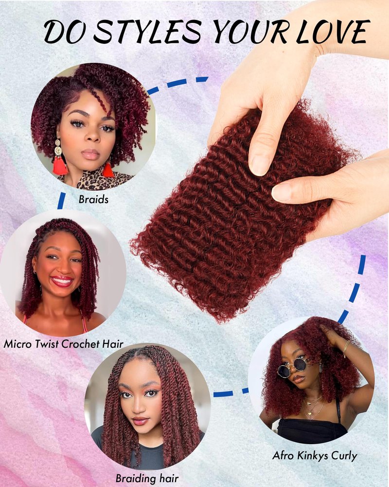 Afro Kinkys Bulk Human Hair Extensions,Kinky-Curly Real Human Hair for Dreadlocks/Locs Repair, Twist & Braid, Crochet Human Braiding Hair Bundles, Natural Burgundy, 10 Inches 2 Packs,99J#