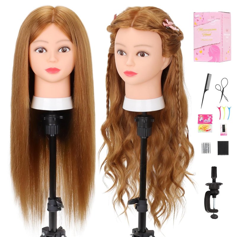 Mannequin Head with 80% Real Human Hair - 26-28" Cosmetology Styling Practice Doll | Includes Clamp Stand & Tools (Blond)