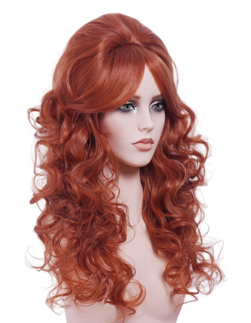 NJJYXH 22 Inches Retro Beehive Ginger Wigs for Women Long Wavy Copper Red Wig with Bangs Synthetic Natural Auburn Wig for 60s 70s 80s Cosplay,Halloween,Daily Use
