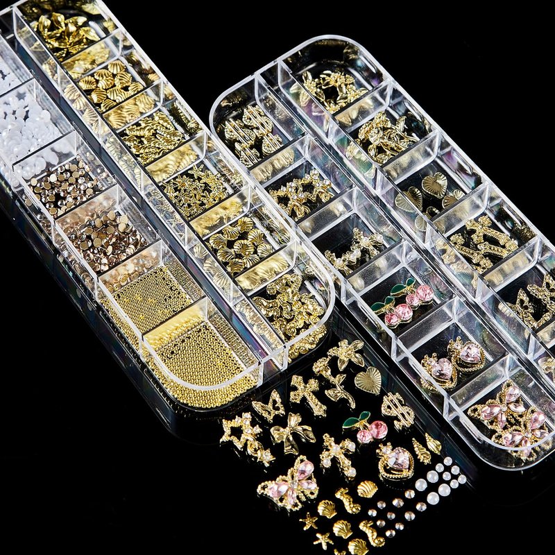 KACHIMOO Gold Nail Charms,Pink Nail Art Charms 4 Boxes Nail Gems Nail Pearls 3D Cross Butterfly Cherry Heart Star Bow Flower Dollar Nail Rhinestones,3D Nail Art Charms for Nails Design