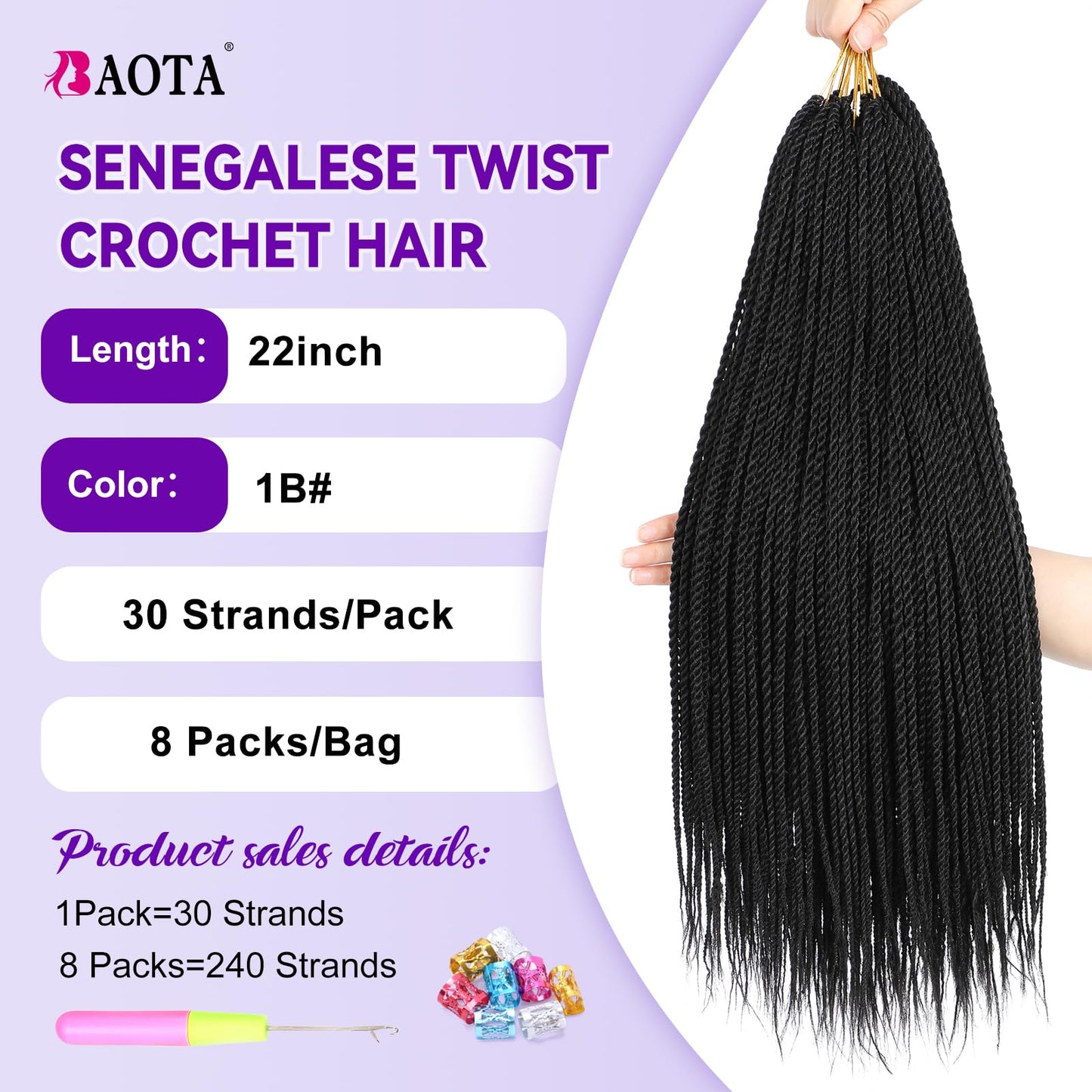 Senegalese Twist Crochet Hair for Women 22 Inch 8 Packs Pre Looped Crochet Braids Small Twist Braids Mini Twist Crochet Hair Natural Black