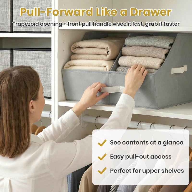Closet Organizers And Storage - UPGRADED Trapezoid Storage Bin With Leather Handles & Adjustable Dividers, Fabric Collapsible Storage Bins For Clothes Storage & Shelf Organizer (3pcs,Small,Light Gray)