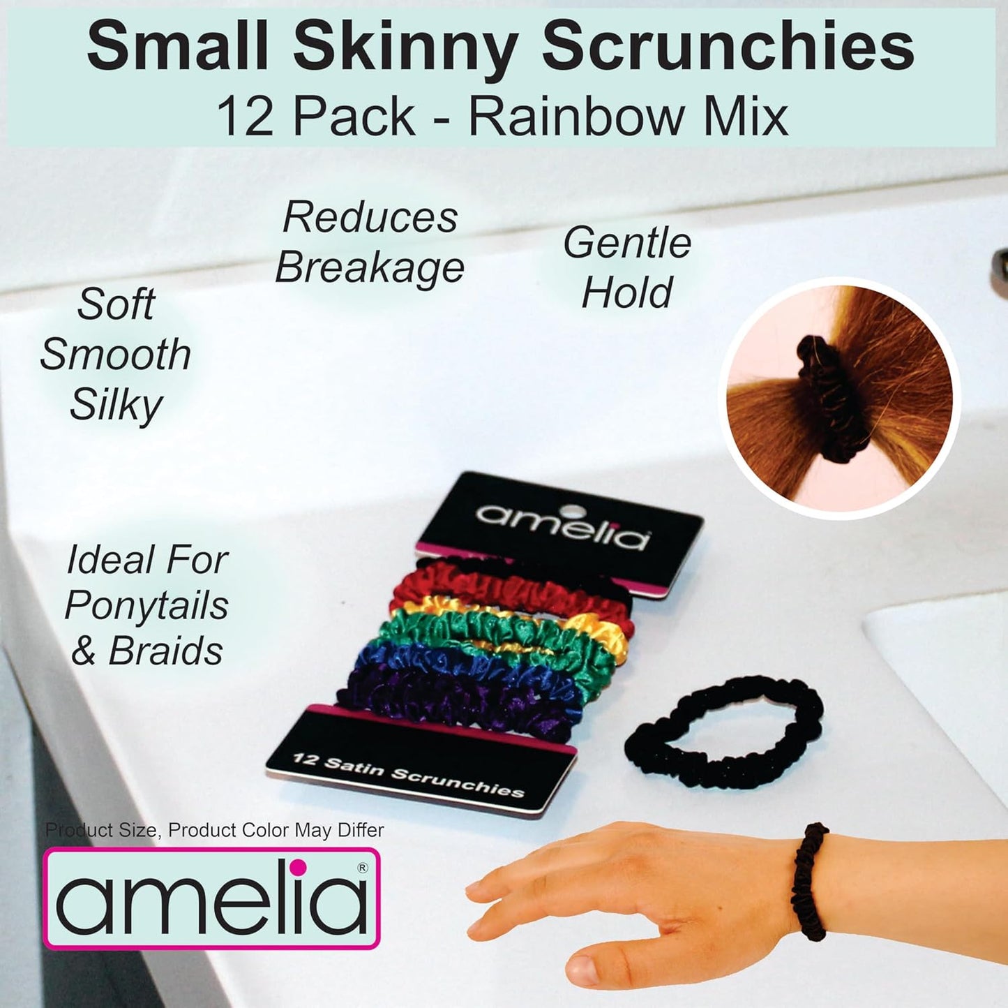 Amelia Beauty, Black, Skinny Satin Scrunchies, 12 Pack – 2in Diameter, Gentle & Strong Hold, No-Snag, No-Dent, Crease-Free Hair Ties