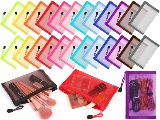 Jexine 24 Pcs Mini Zipper Mesh Bags Lipstick Cosmetic Accessories Organizer Nylon Makeup Zipper Pouch Small Cosmetic Bag for Purse Beauty Mesh Travel Pouch for Women(7.5 x 4.5 Inch,Bright Color)