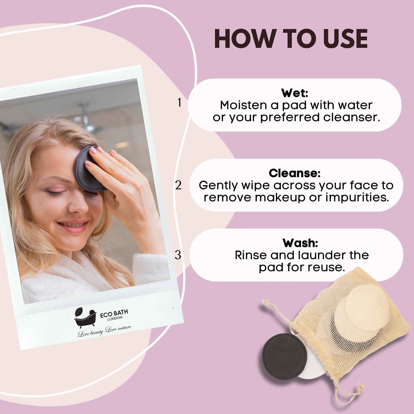 Eco Bath London Reusable Makeup Remover Pads - Set of 12, Natural Bamboo Cotton, Eco-Friendly, Soft and Washable Makeup Removal Pads