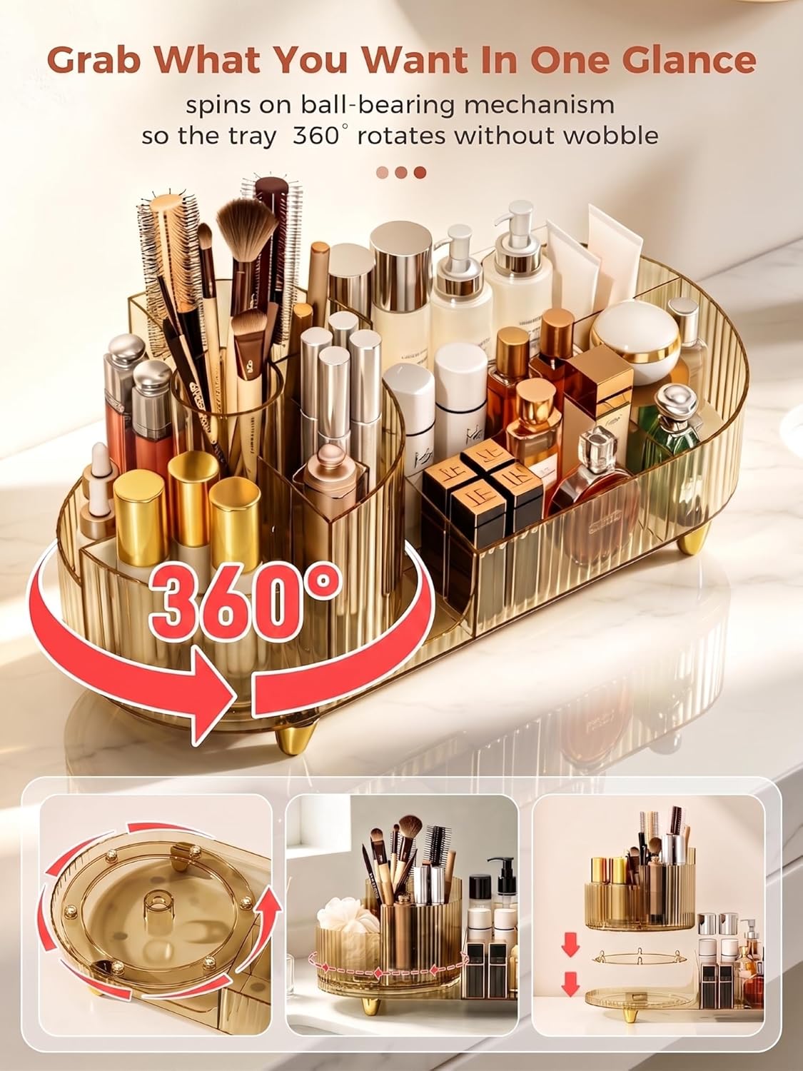 Rotating Makeup Organizer - Large Capacity Clear Acrylic Cosmetic Display Case | Vanity Storage for Skincare, Brushes & Lipsticks