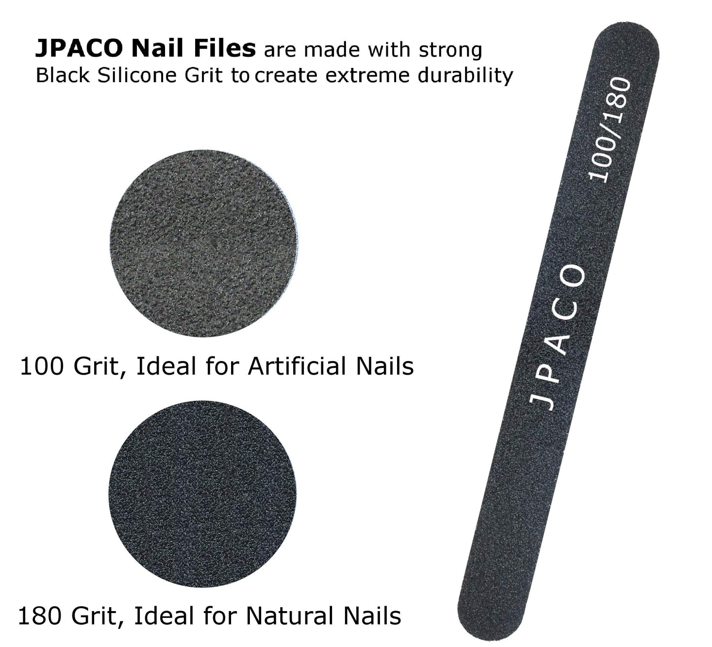 12-Pack Professional Nail Files: Double-Sided Emery Boards for Natural, Acrylic, Poly, and Gel Nails – Washable Black Manicure Tools Set by JPACO (100/180 Grit)