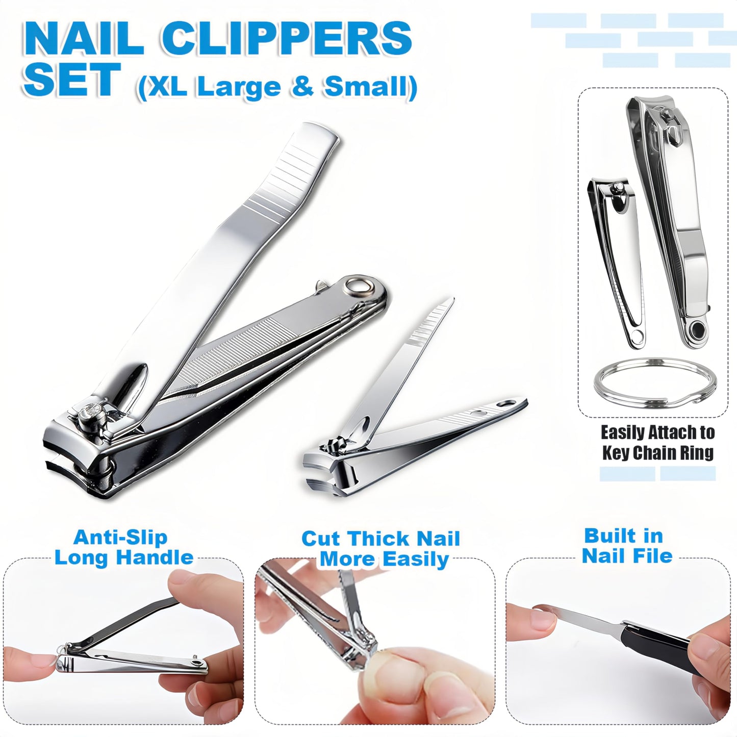 Keeshibao Nail Clippers Bulk Pack, Toenail Fingernail Nail Clippers with Keychain Ring for Men Women Adult 8-Piece Stainless Steel Toe Nail Clippers for Travel, Gifts, Homeless Care(Large & Small)