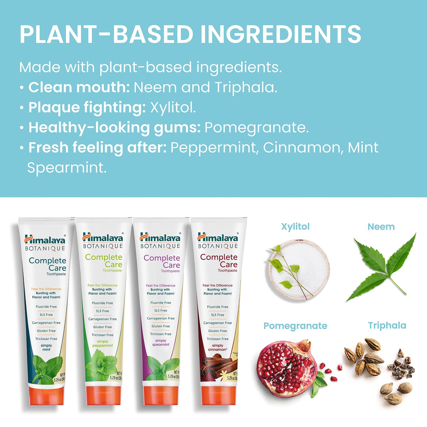 Himalaya Botanique Complete Care Toothpaste, Herbal, Variety Pack, Fights Plaque, Freshens Breath, Fluoride Free, No Artificial Flavors, SLS Free, Cruelty Free, Foaming, 5.29 Oz, 4 Pack