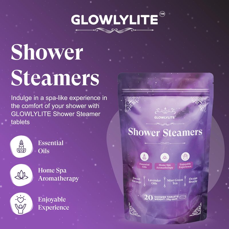 GlowlyLite Aromatherapy Shower Steamers | 20-Pack Essential Oil Shower Bombs Aromatherapy for Relaxation, Stress Relief | Shower Melts for Bath, Gifts for Mom, Stocking Stuffers & Christmas (Purple)