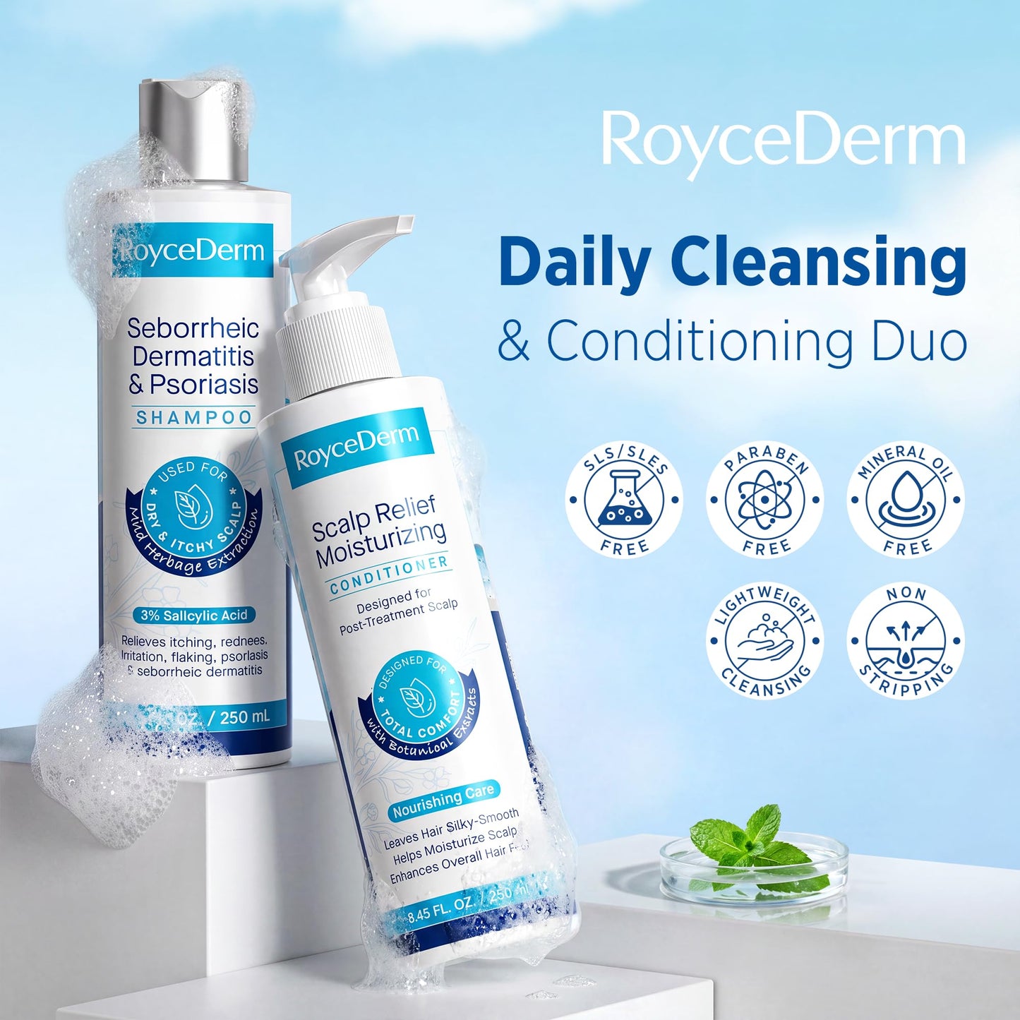 Roycederm Seborrheic Dermatitis & Psoriasis Shampoo and Conditioner Set - Effective Scalp Treatment for Folliculitis, Psoriasis, Dandruff, Dry Itchy Scalp - Soothing, Moisturizing Herbal Formula