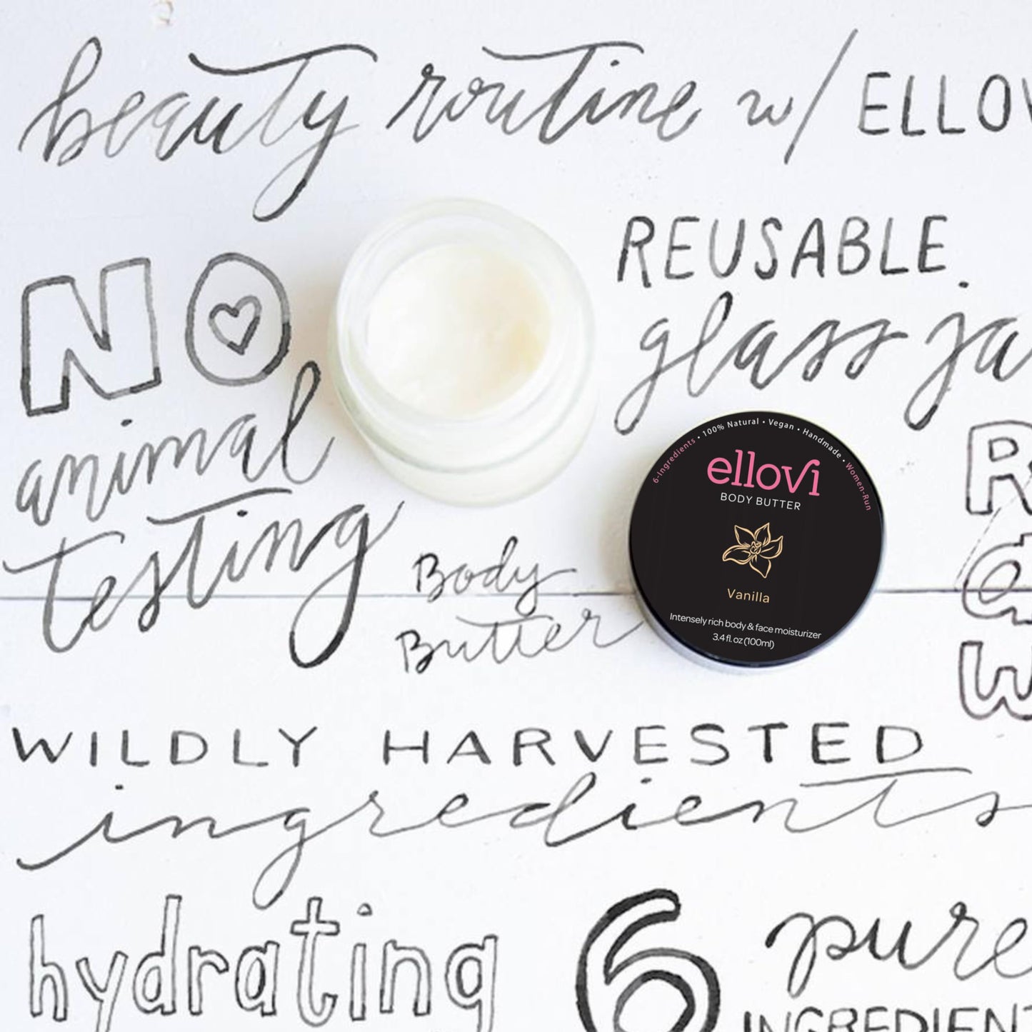 Ellovi All-Natural Body Butter - Vanilla - Pure Enough to Eat - Made With Just 6 Vegan Ingredients - Ultra-Rich 100% Plant-Based Hydrating Moisturizer For Naturally Healthy Skin (3.4 fl. oz/100ml)