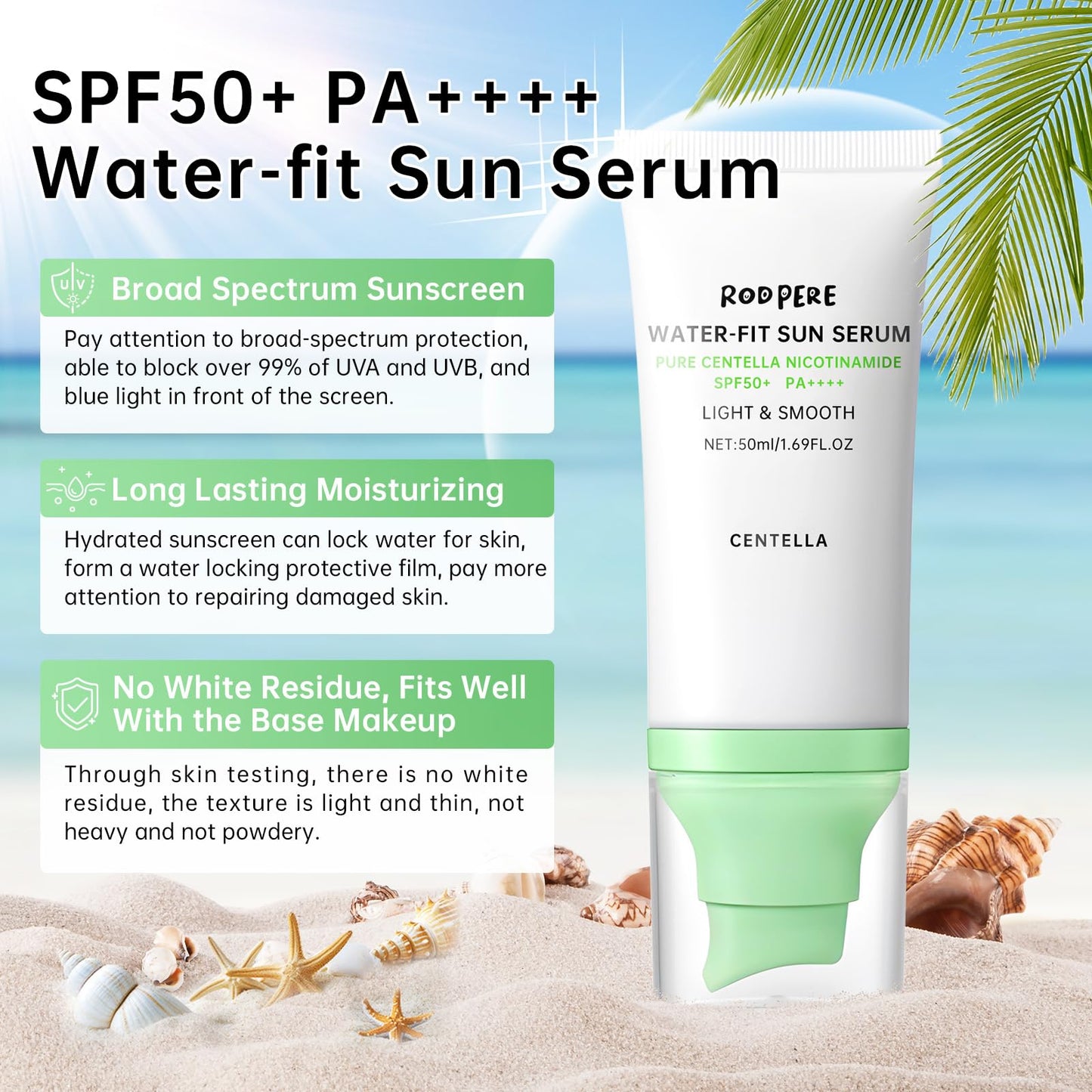 Centella Sunscreen SPF 50+ PA++++ With Niacinamide, Hyaluronic Acid, 50ml Long Lasting Protection Sun Screen Lotion For Face, Gentle Skincare, Water Based Sun Serum For All Skin, No White Cast
